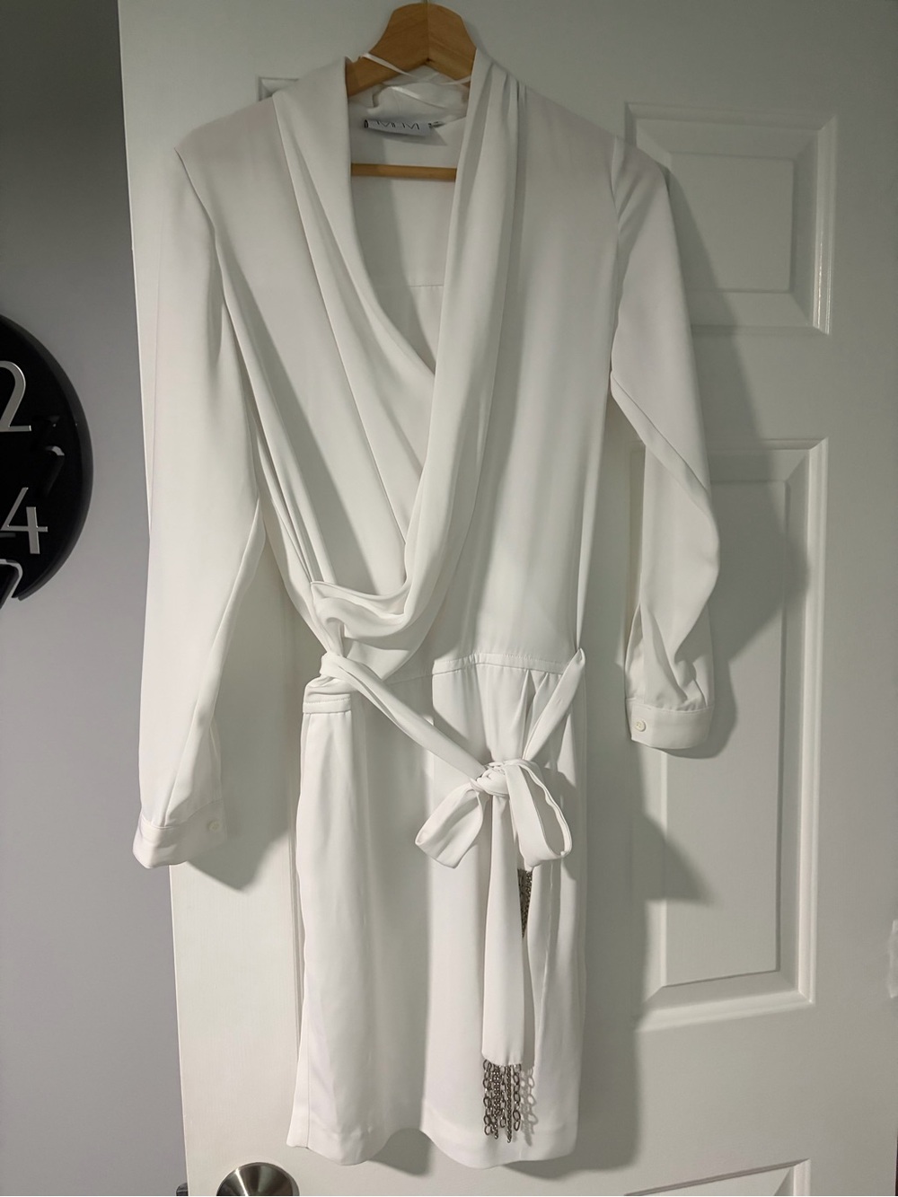 MLM White Draped Satin Wrap Robe   Dress with Tie